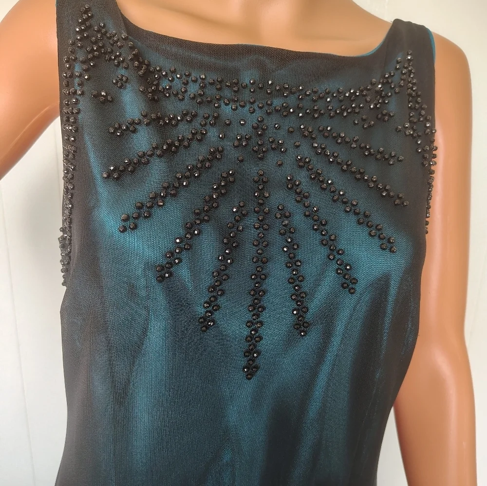 S. L. Fashions Dress; Size 12; Elegant Black and Teal Beaded Dress - Picture 6 of 11